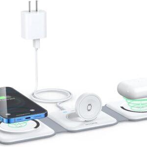 Wireless Charger 3 in 1,RTOPS Magnetic Traval Wireless Charging Station Multiple Devices,GaN 3 in 1 Charging Station,Compatible iphone17/16/15/14/13/Pro/Max,iWatch,AirPods4/3/2/Pro(Adapter Includes)
