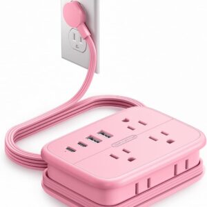NTONPOWER Pink Extension Cord, Travel Power Strip, 6 Outlets 4 USB Ports(2 USB C), 4ft Extension Cord Wrapped Around Small Power Strip, Compact for Travel, Hotel, Cruise Approved, White