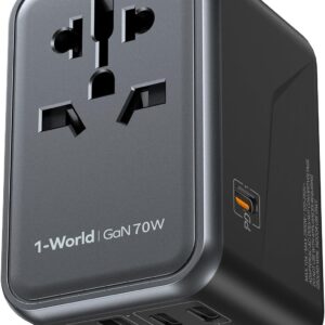 MOMAX Universal Travel Adapter 70W GaN, 3 USB-C PD & 2 USB-A QC, International Power Adapter Outlet, 6-in-1 Wall Charger for Laptop, Phone, European Travel Plug Adapter for UK/US/AUS/JP