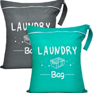 2 Pcs Large Travel Laundry Bags – Waterproof Wet/Dry, Washable, Drawstring, Bathing Suit, Workout, Gym Clothes, Swimming, Yoga – Green, Grey