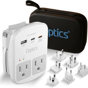 Ceptics 35W Universal Travel Adapter Kit – 2 USA sockets, USB-A, USBC, 1x PD 35W USB-C and USBC Cable, Surge Protected, Plugs for EU, UK, China, AU, Japan – for Laptop, Phone, Camera-ETL Tested