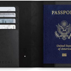 Satechi Passport Holder for Travel with Find My, Passport Cover with 4 Card Holder, Wireless Charging, and RFID protection – Travel Essential Vegan Leather Passport Holder – Black