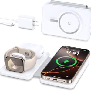Magnetic Wireless Charger for iPhone: 3 in 1 Travel Charging Station for Apple Devices for iPhone 17 Air 16 15 14 13 12 Pro Max Plus – Foldable Charging Pad for Apple Watch Series & Airpods 4 3 2 Pro
