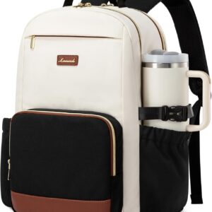 LOVEVOOK Laptop Backpack for Women with Pouch Pocket for Large Capacity Cup,15.6 Inch Laptop Computer Bag Travel Backpack Purse,Waterproof Work Business Backpack College Teacher Bags,Beige-Black-Brown