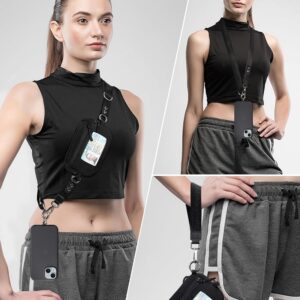 Tiostep Clip and Go Strap for Phone with Wallet Crossbody Phone Lanyard Adjustable and Detachable RFID Wristlet Wallet with ID Window and Zipper, Black