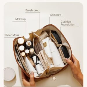 EACHY Travel Makeup Bag, Large Capacity Cosmetic Bag for Women, Waterproof PU Leather, Flat Open Portable Toiletry Bag for Skincare, Brushes & Travel Essentials
