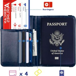 TOURSUIT RFID Blocking Passport Holder for Women Men, Leather Passport Travel Wallet with 3D Metal Badge, Travel Document Holder Cover Accessories (Dark Blue)