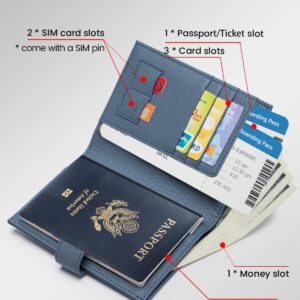 Karmiir RFID Slim Passport Holder for Man & Women, Compact Leather Passport Wallet with Card Holders SIM Slots, Zippered Coins Pocket and Cash Holder Travel Passport Cover Case, Dark Blue