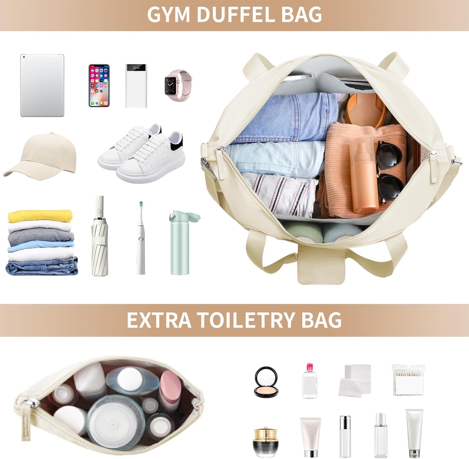 ETRONIK Gym Bag for Women, Personal Item Travel Bag with Shoes Compartment, Weekender Overnight Duffel Bag with Wet Pocket, Carry On Bag for Women, Travel, Gym, Weekend (Beige) - Image 3