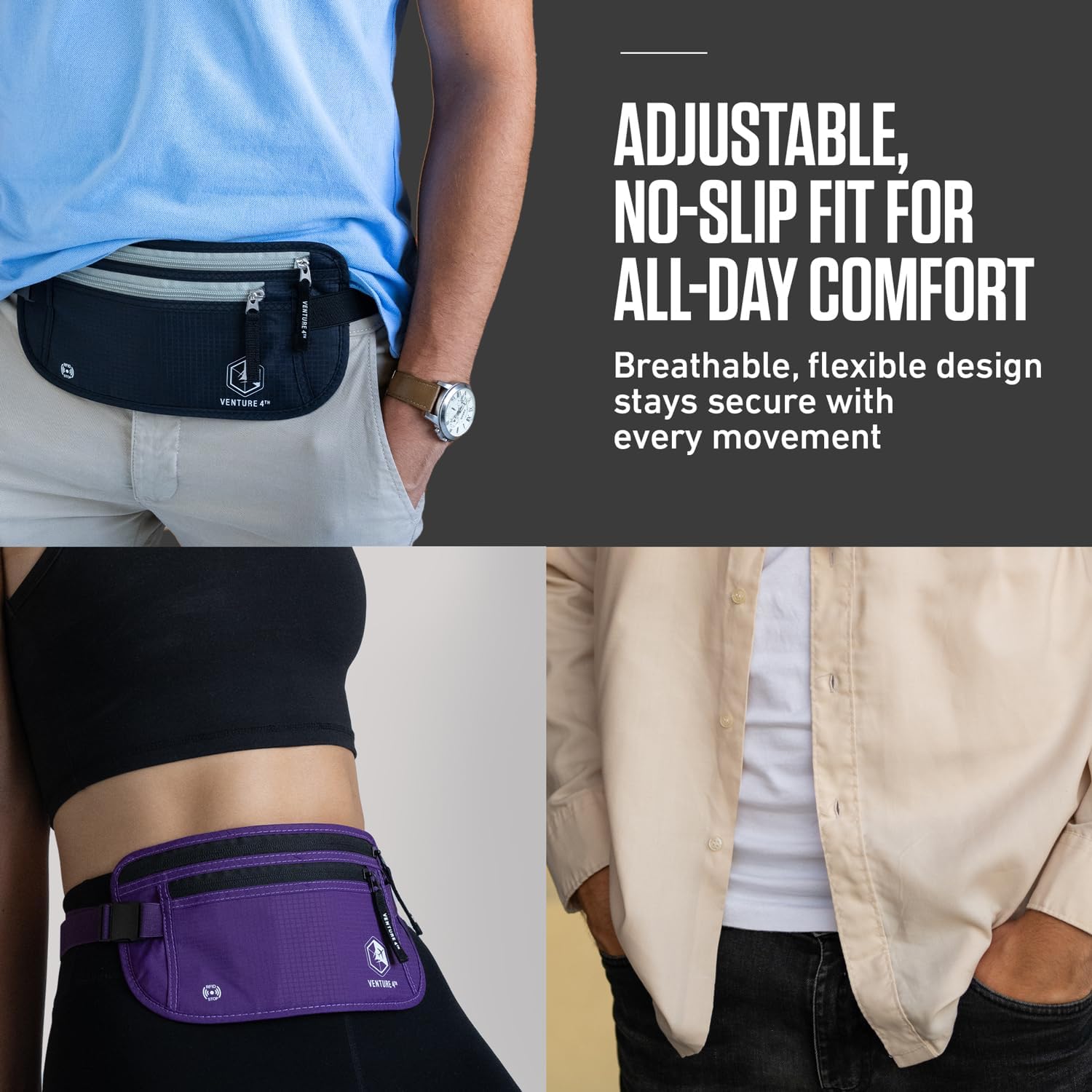 VENTURE 4TH Money Belt for Travel – Slim Hidden Under-Clothes RFID Blocking Anti-Theft Passport Holder & Travel Wallet Pouch for Men & Women to Protect Cash, Cards & Documents (Black) - Image 8
