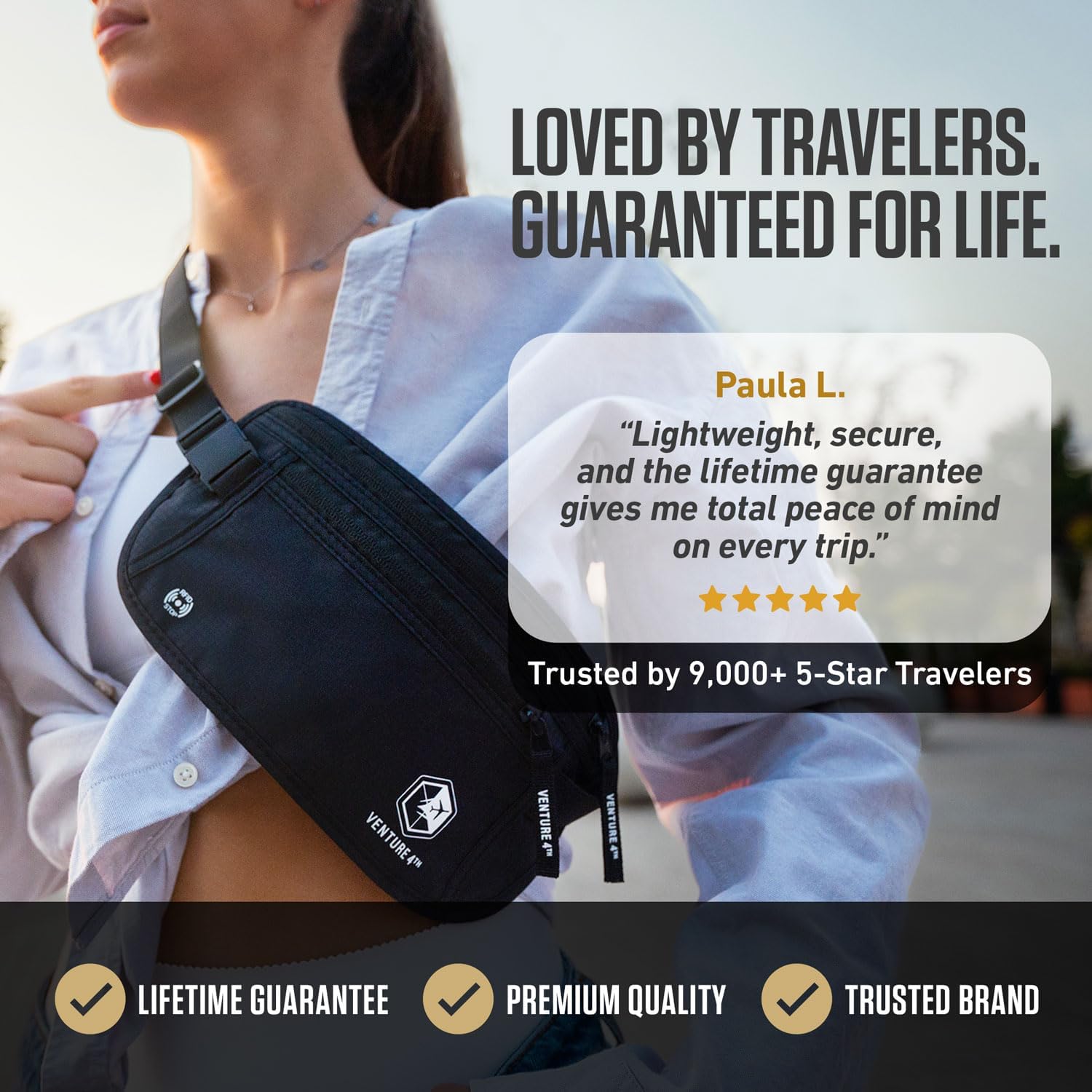 VENTURE 4TH Money Belt for Travel – Slim Hidden Under-Clothes RFID Blocking Anti-Theft Passport Holder & Travel Wallet Pouch for Men & Women to Protect Cash, Cards & Documents (Black) - Image 7