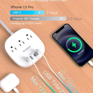 Flat Plug Power Strip, 6ft Ultra Flat Extension Cord – 3 Outlets 4 USB Ports (2 USB C) 22.5W/4.5A Desktop Charging Station, Power Strip No Surge Protection for Cruise Ship, Dorm Room Travel Essentials