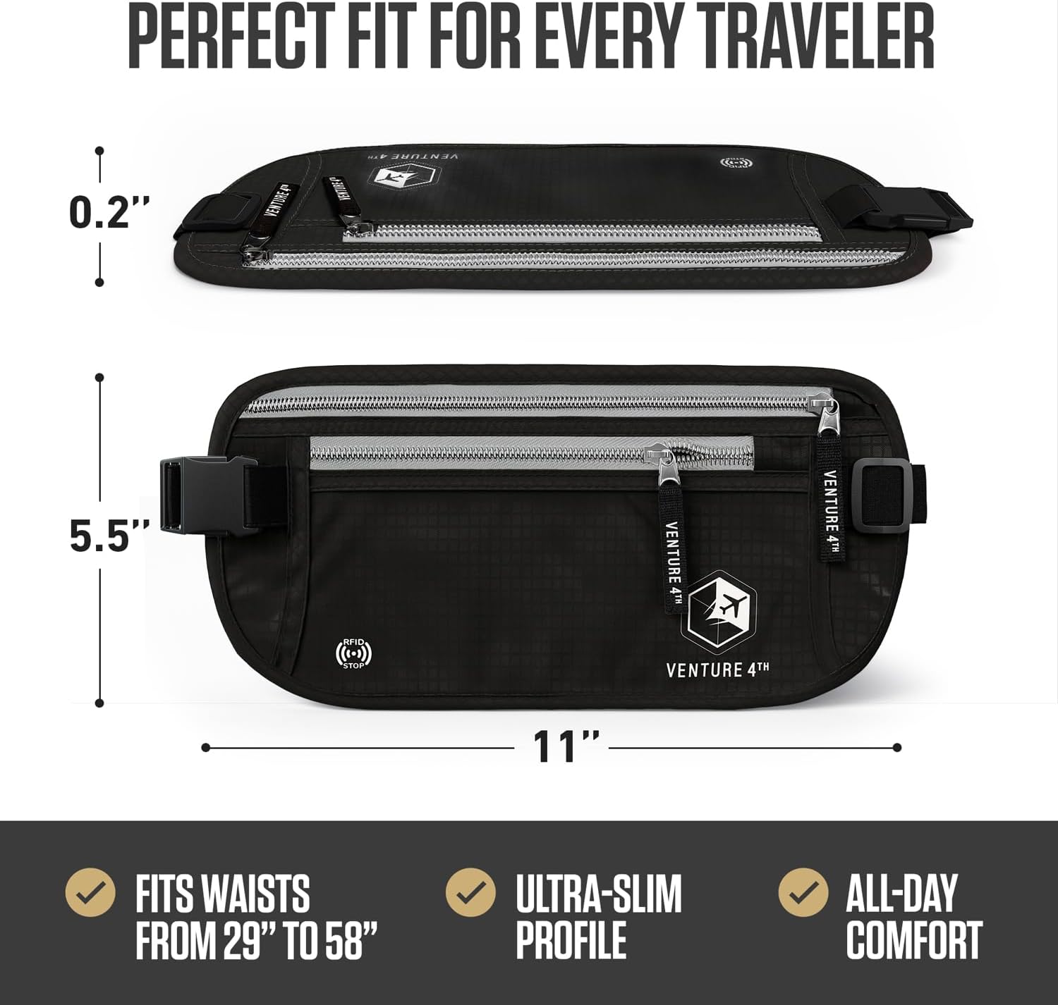 VENTURE 4TH Money Belt for Travel – Slim Hidden Under-Clothes RFID Blocking Anti-Theft Passport Holder & Travel Wallet Pouch for Men & Women to Protect Cash, Cards & Documents (Black) - Image 3