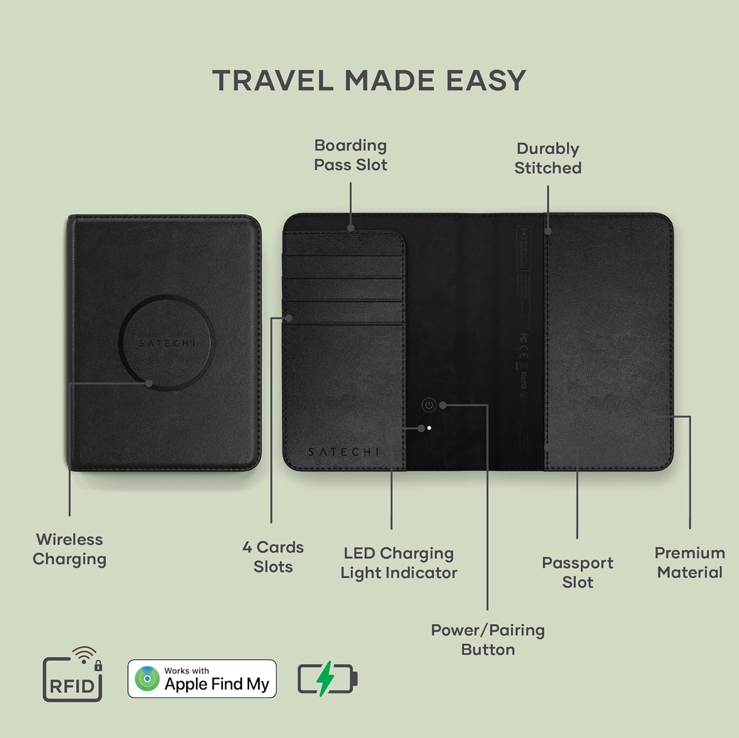 Satechi Passport Holder for Travel with Find My, Passport Cover with 4 Card Holder, Wireless Charging, and RFID protection – Travel Essential Vegan Leather Passport Holder – Black - Image 2