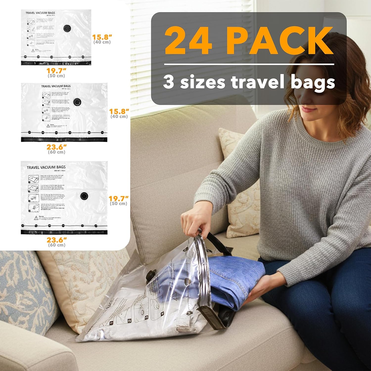 SpaceAid Travel Vacuum Bags for Luggage with Electric Pump, 24 Pack Vacuum Seal Bags for Clothing Travel, Space Saver Compression Bag for Backpack and Suitcase - Image 4
