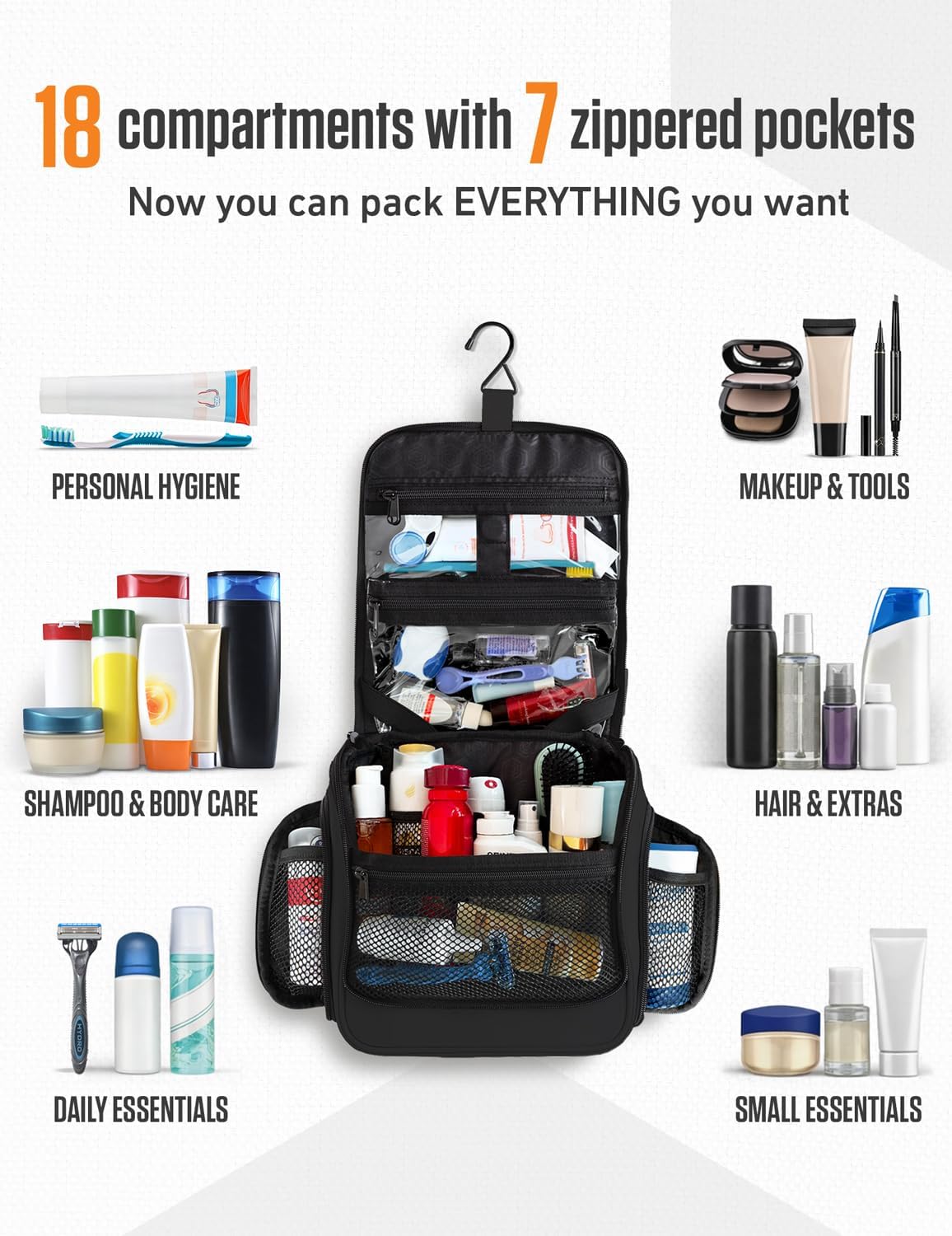 VENTURE 4TH Hanging Travel Toiletry Bag for Women & Men – Large Toiletry Organizer with 18 Compartments, Removable TSA Pouch, Travel Wash Bag for Toiletries, Makeup & Shaving Kit (Black) - Image 3
