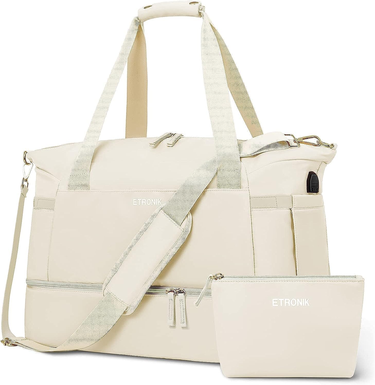 ETRONIK Gym Bag for Women, Personal Item Travel Bag with Shoes Compartment, Weekender Overnight Duffel Bag with Wet Pocket, Carry On Bag for Women, Travel, Gym, Weekend (Beige) - Image 4