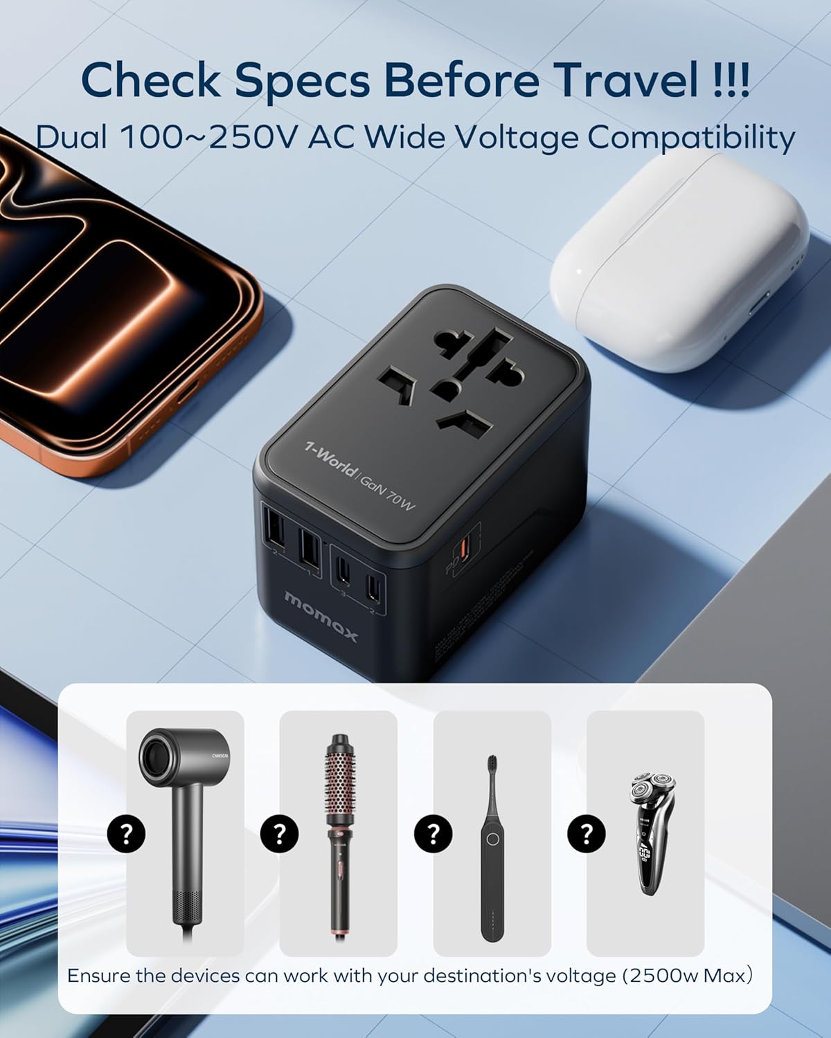 MOMAX Universal Travel Adapter 70W GaN, 3 USB-C PD & 2 USB-A QC, International Power Adapter Outlet, 6-in-1 Wall Charger for Laptop, Phone, European Travel Plug Adapter for UK/US/AUS/JP - Image 9