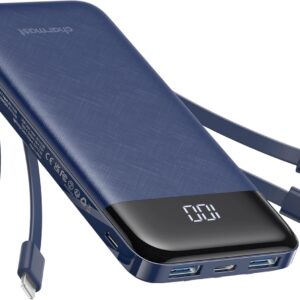 charmast Portable Charger with Built in Cables, Power Bank with Cords Wires, Slim 10000mAh Travel Battery Pack 6 Outputs 3 Inputs 3A Fast Charging for Samsung Google Pixel LG Moto iPhone iPad