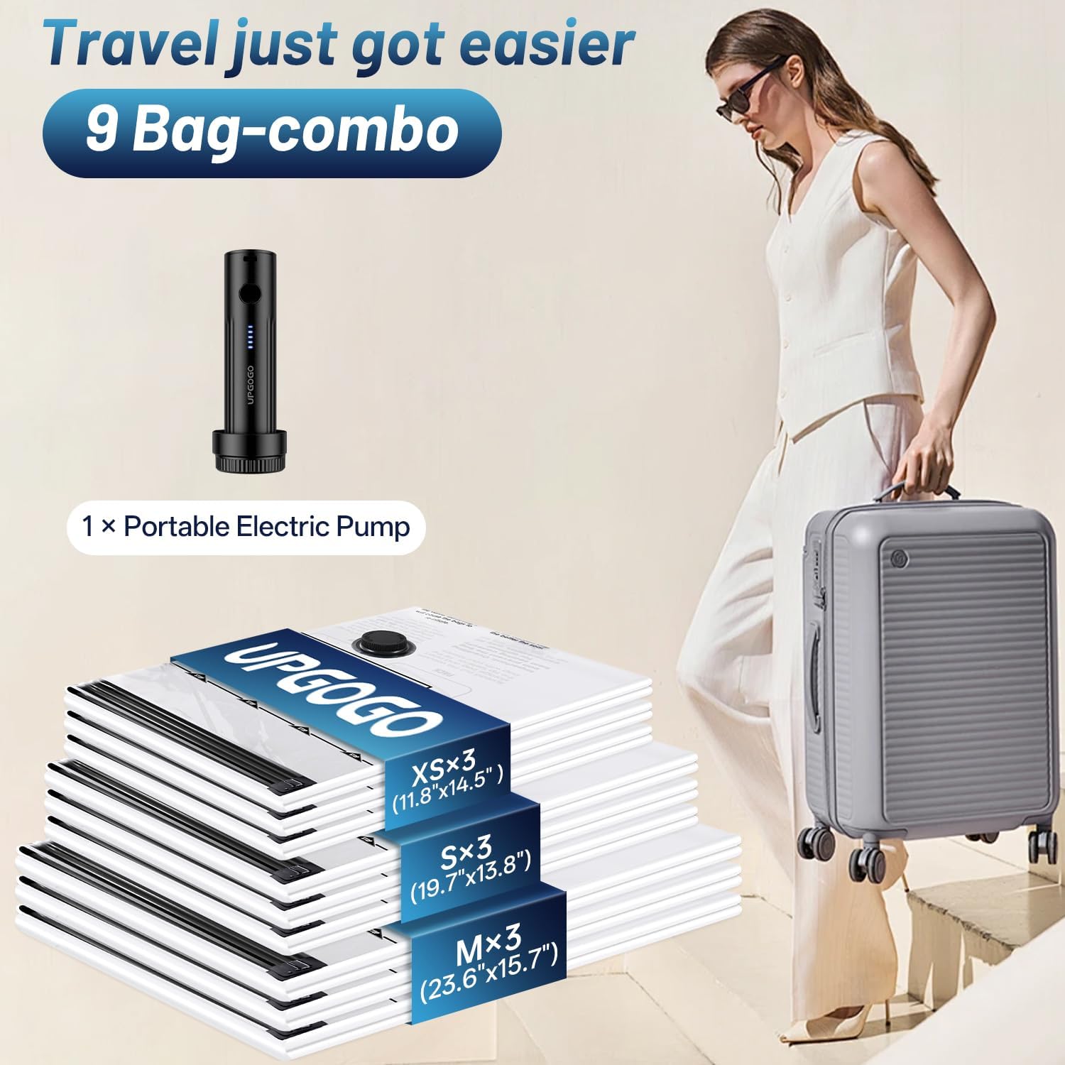 UPGOGO Travel Vacuum Bags for Luggage with Portable Electric Pump,Vacuum Seal Bags for Clothing,Packing Cubes Compression,Cruise Ship and Travel Essentials(Combo 9 Pack) - Image 2