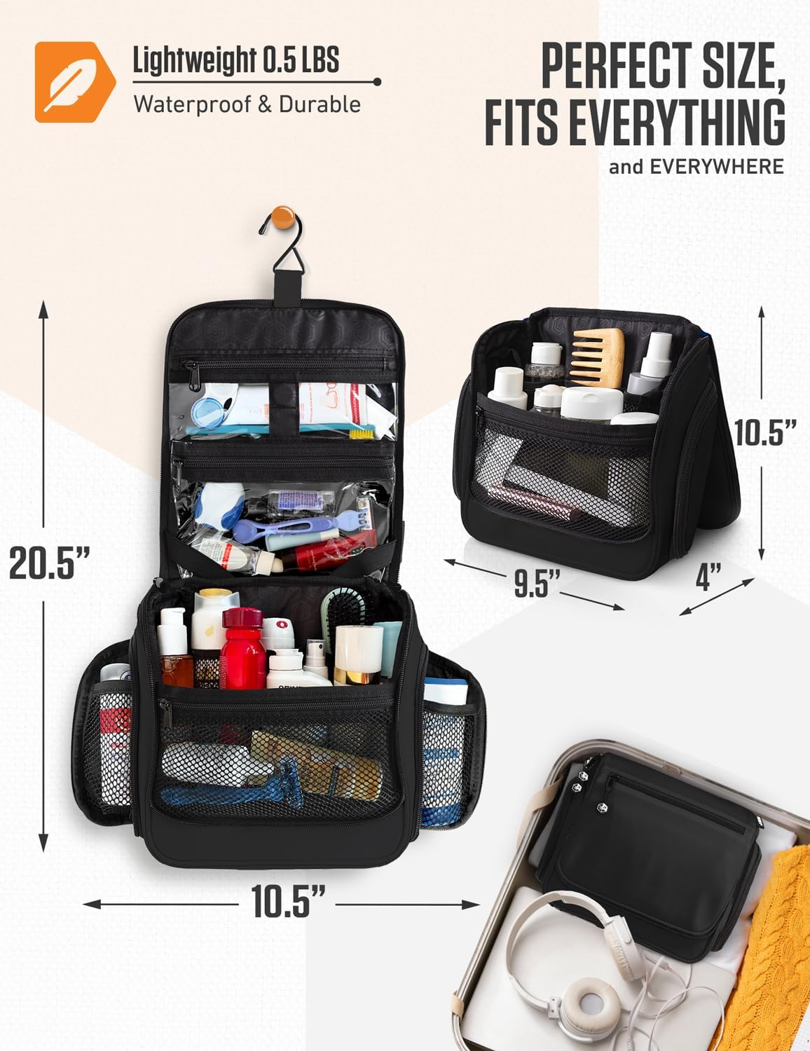 VENTURE 4TH Hanging Travel Toiletry Bag for Women & Men – Large Toiletry Organizer with 18 Compartments, Removable TSA Pouch, Travel Wash Bag for Toiletries, Makeup & Shaving Kit (Black) - Image 2