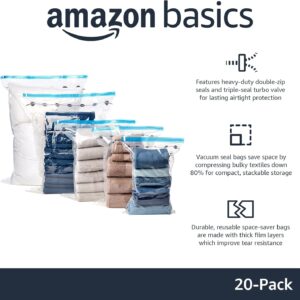 Amazon Basics Vacuum Storage Bags with Hand Pump for Travel, Space Saving Compression Bags for Clothes, Clothing, Blankets and Duvets, Clear, 20 Pack (5 Small, 5 Medium, 5 Large & 5 Jumbo)