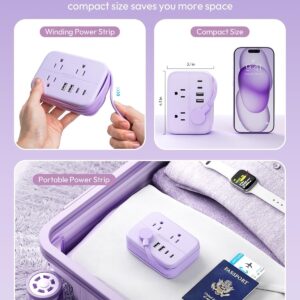 NTONPOWER Purple Travel Power Strip, 6 Outlets 4 USB Ports(2 USB C), 4ft Purple Extension Cord Wrapped Around Small Power Strip, Compact for Travel, Hotel, Cruise Approved