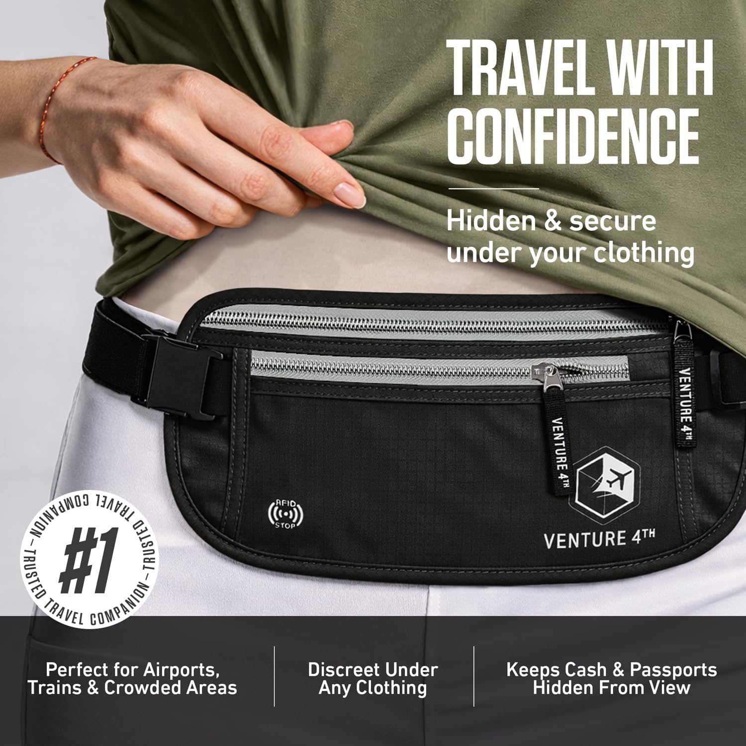 VENTURE 4TH Money Belt for Travel – Slim Hidden Under-Clothes RFID Blocking Anti-Theft Passport Holder & Travel Wallet Pouch for Men & Women to Protect Cash, Cards & Documents (Black) - Image 4