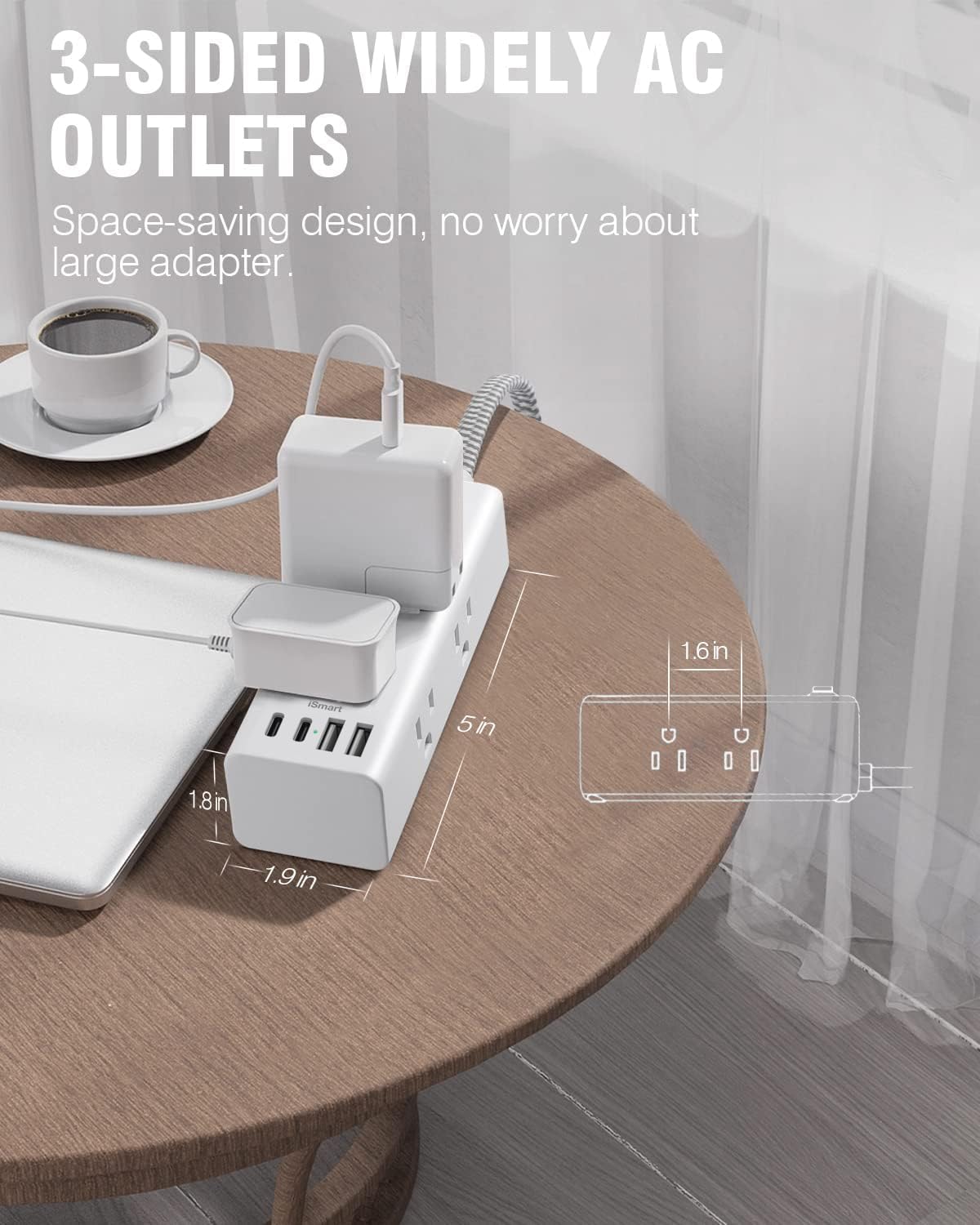 Power Strip Surge Protector - One Beat 6 Widely Outlets with 4 USB Ports (2 USB C), 5 Ft Extension Cord Flat Plug, Wall Mount Outlet Extender Small Power Strip for Travel Home Office College Dorm Room - Image 5