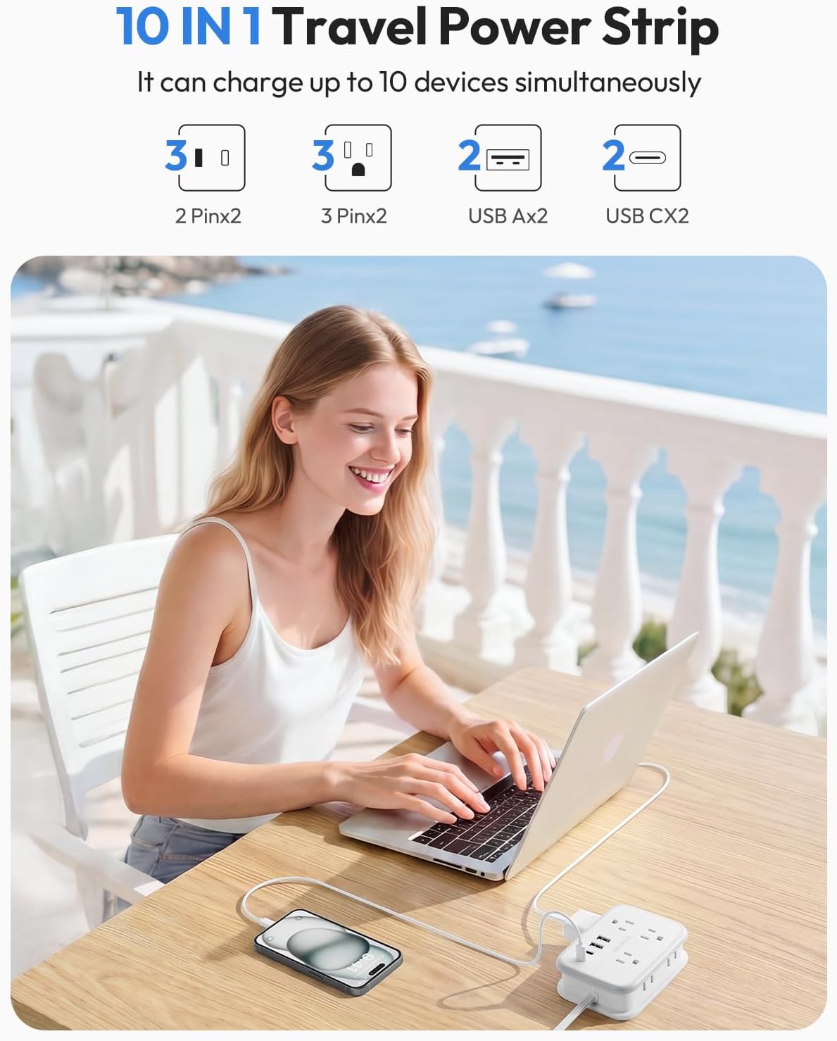 NTONPOWER 10 in 1 Travel Power Strip, 6 Outlets 4 USB Ports(2 USB C), 4ft Extension Cord Wrapped Around Small Power Strip, Compact for Travel, Hotel, Cruise Approved, White - Image 2