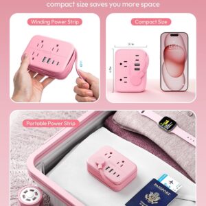 NTONPOWER Pink Extension Cord, Travel Power Strip, 6 Outlets 4 USB Ports(2 USB C), 4ft Extension Cord Wrapped Around Small Power Strip, Compact for Travel, Hotel, Cruise Approved, White