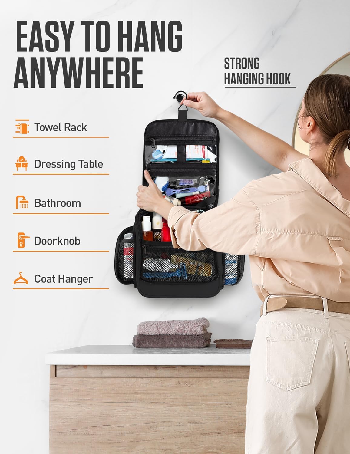 VENTURE 4TH Hanging Travel Toiletry Bag for Women & Men – Large Toiletry Organizer with 18 Compartments, Removable TSA Pouch, Travel Wash Bag for Toiletries, Makeup & Shaving Kit (Black) - Image 4