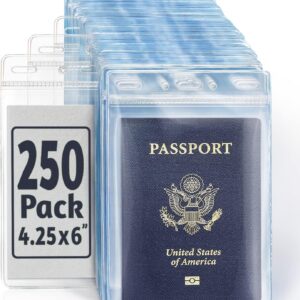 EcoEarth Passport & Identification Card Holders with Soft Edge (Clear, 4×6 Inch, 250 Pack), Extra Large Vertical ID Holder, Zipperless Plastic Name Badge Holders