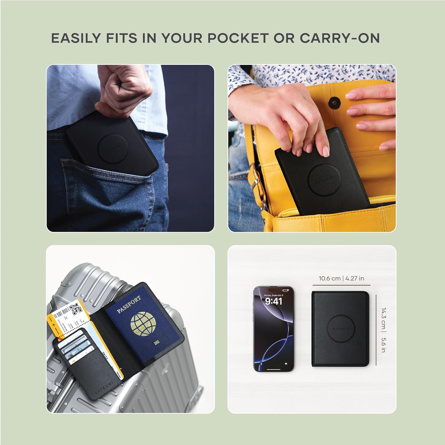 Satechi Passport Holder for Travel with Find My, Passport Cover with 4 Card Holder, Wireless Charging, and RFID protection – Travel Essential Vegan Leather Passport Holder – Black - Image 6