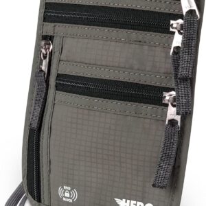HERO Neck Wallet – RFID Blocking Passport Holder, Easy to Conceal Travel Pouch (Army Grey)