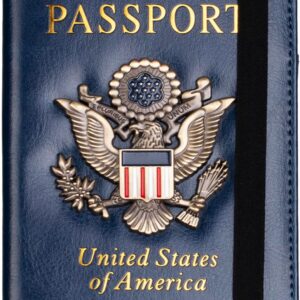 TOURSUIT RFID Blocking Passport Holder for Women Men, Leather Passport Travel Wallet with 3D Metal Badge, Travel Document Holder Cover Accessories (Dark Blue)