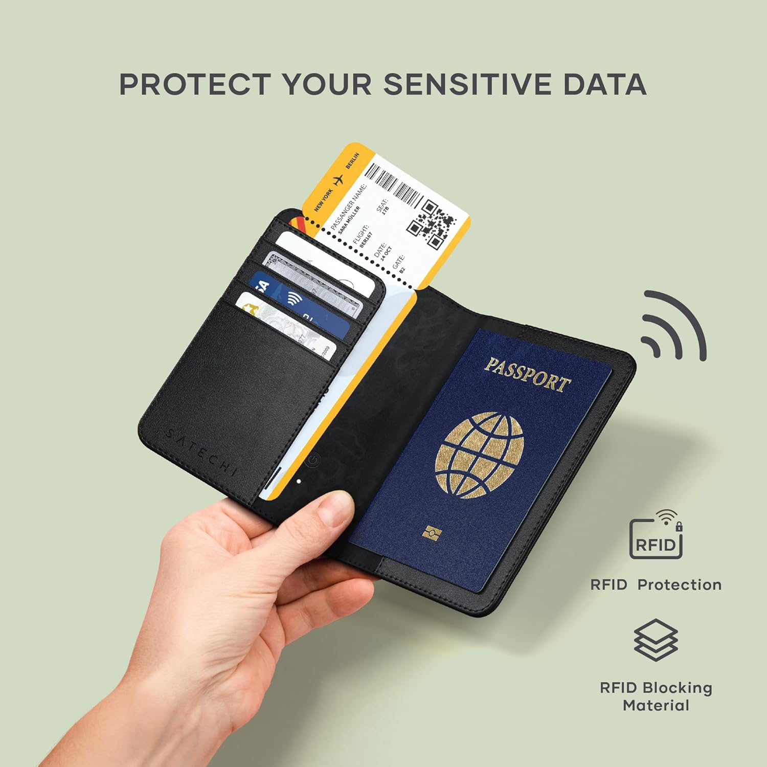 Satechi Passport Holder for Travel with Find My, Passport Cover with 4 Card Holder, Wireless Charging, and RFID protection – Travel Essential Vegan Leather Passport Holder – Black - Image 5