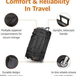 Amazon Basics 35-inch Large Rolling Duffel Bag with Wheels and Handle, Travel Duffle with Durable Ripstop Polyester Material, 2 Layers of Storage Space, Multiple Interior and Exterior Pockets, Black