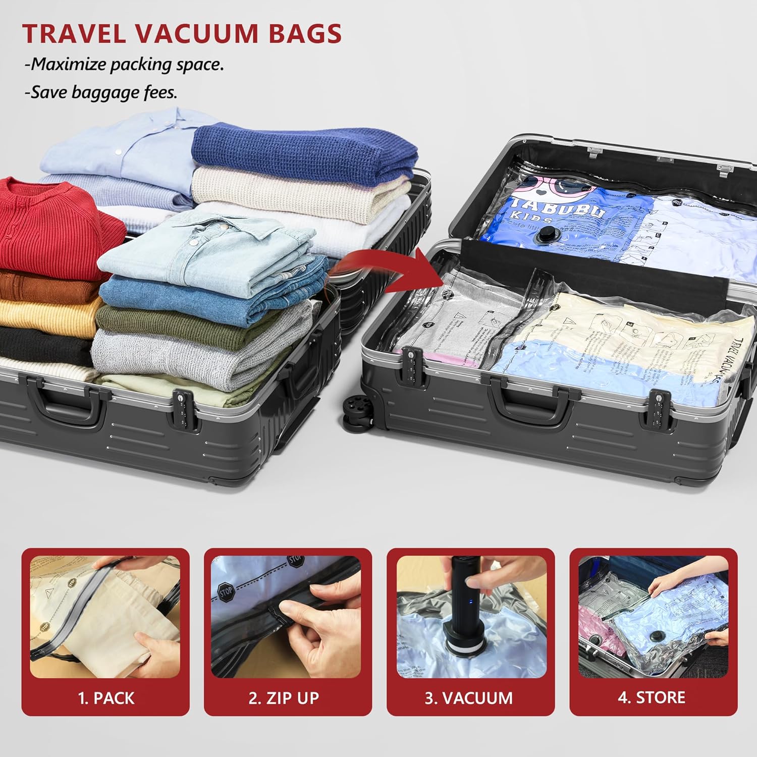Travel Vacuum Bags for Clothing with Rechargeable Electric Pump, Compression Packing Cubes Organizer Storage for Luggage Suitcase, Space Saver Seal Bags for Vacation Cruise, 18 Combo - Image 2