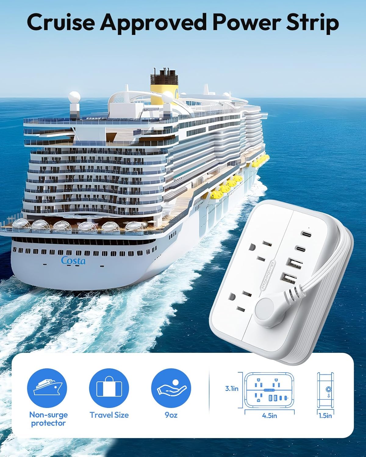 NTONPOWER 10 in 1 Travel Power Strip, 6 Outlets 4 USB Ports(2 USB C), 4ft Extension Cord Wrapped Around Small Power Strip, Compact for Travel, Hotel, Cruise Approved, White - Image 6