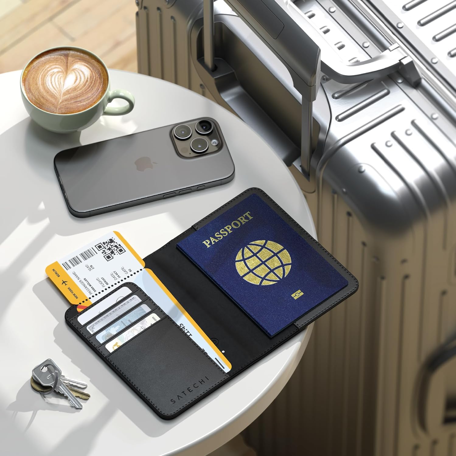Satechi Passport Holder for Travel with Find My, Passport Cover with 4 Card Holder, Wireless Charging, and RFID protection – Travel Essential Vegan Leather Passport Holder – Black - Image 8