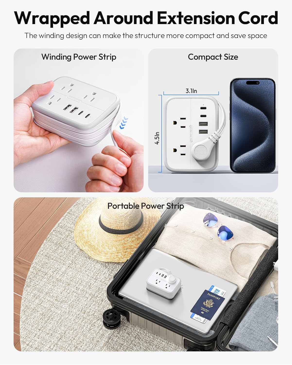 NTONPOWER 10 in 1 Travel Power Strip, 6 Outlets 4 USB Ports(2 USB C), 4ft Extension Cord Wrapped Around Small Power Strip, Compact for Travel, Hotel, Cruise Approved, White - Image 5