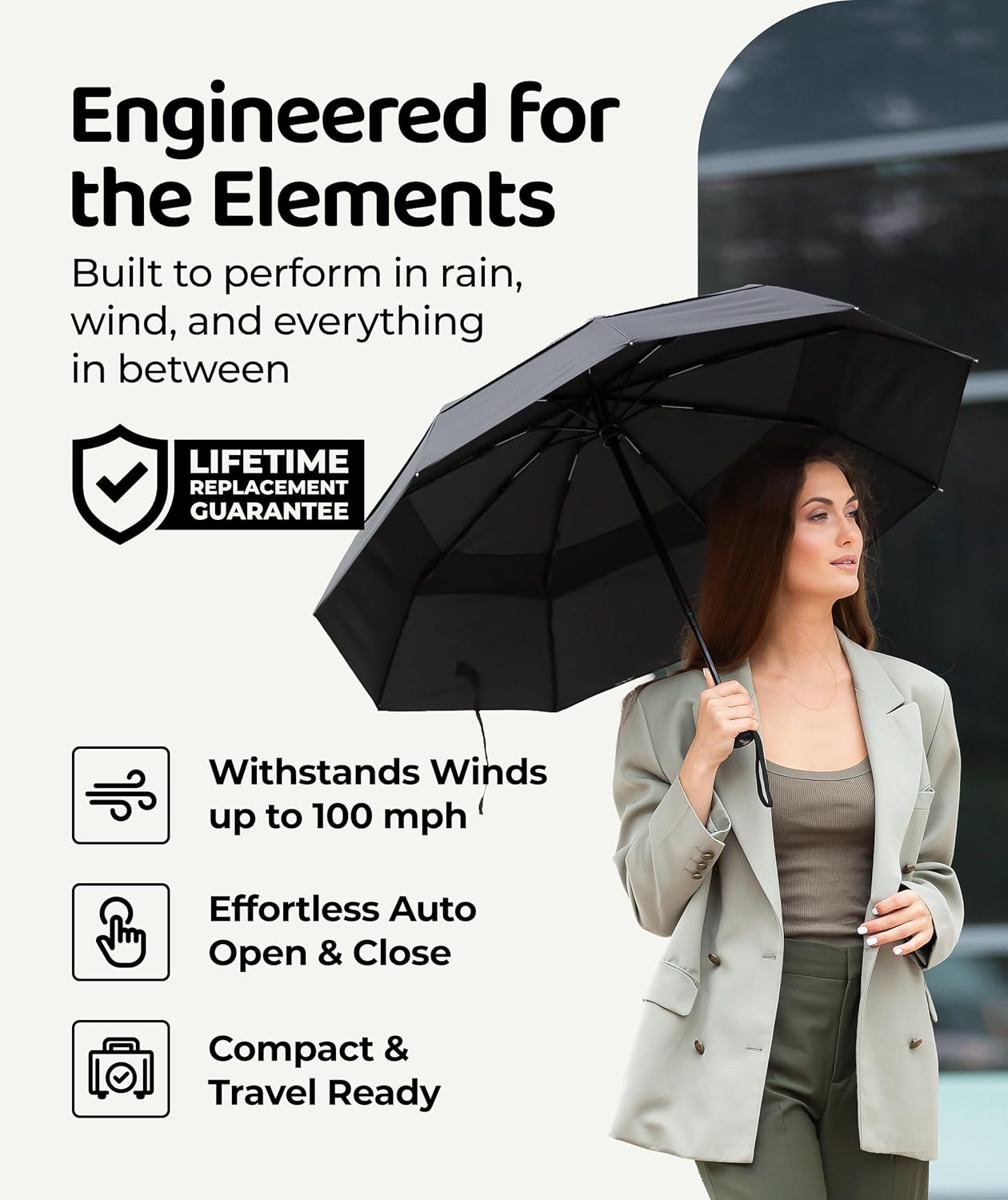 Repel Windproof Travel Umbrella - Compact & Withstands Winds up to 100MPH , Strongest Premium Auto Folding Umbrella for Rain and Sun - Durable, Light & Portable for Women & Men , Fits Backpack & Cars - Image 2
