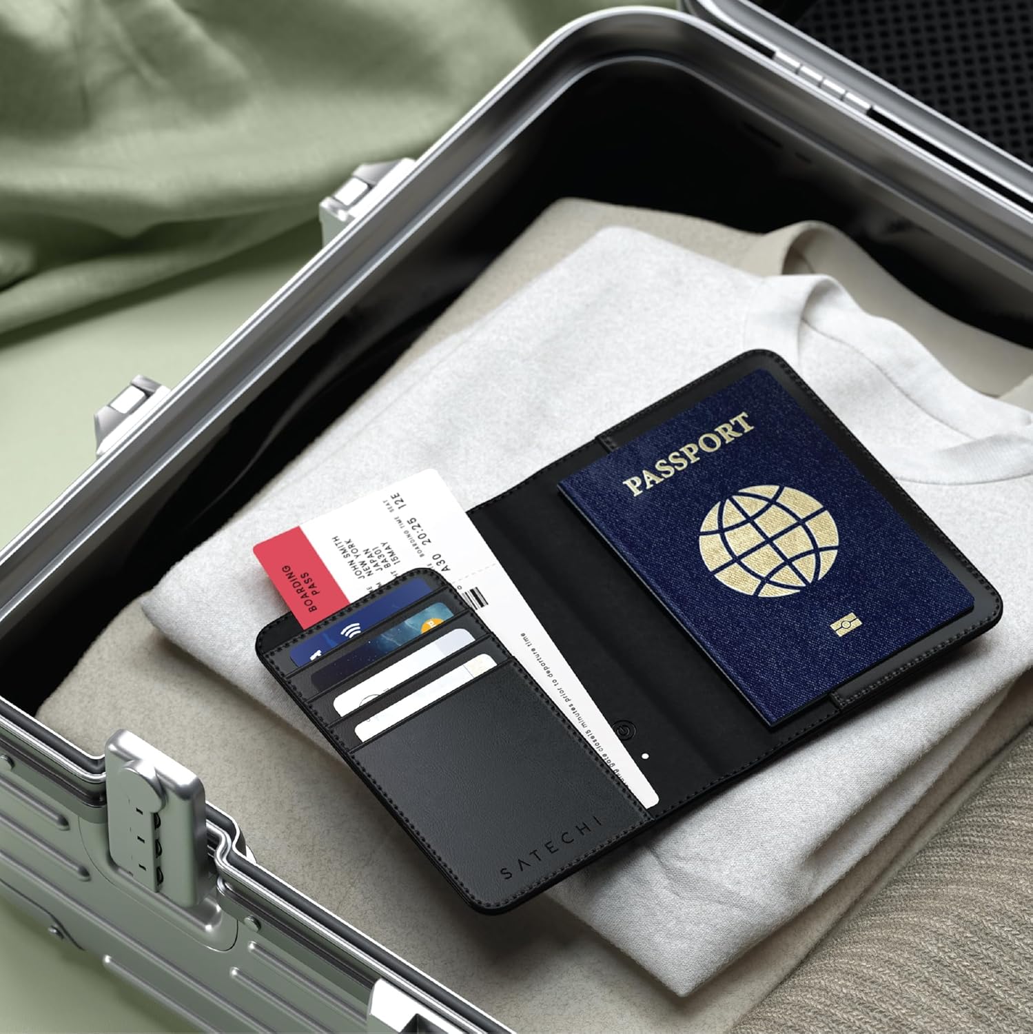 Satechi Passport Holder for Travel with Find My, Passport Cover with 4 Card Holder, Wireless Charging, and RFID protection – Travel Essential Vegan Leather Passport Holder – Black - Image 9